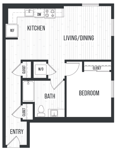 Floor plan 1F. One bedroom, one bath at Sixth & Jackson Apartments in Japantown, San Jose.